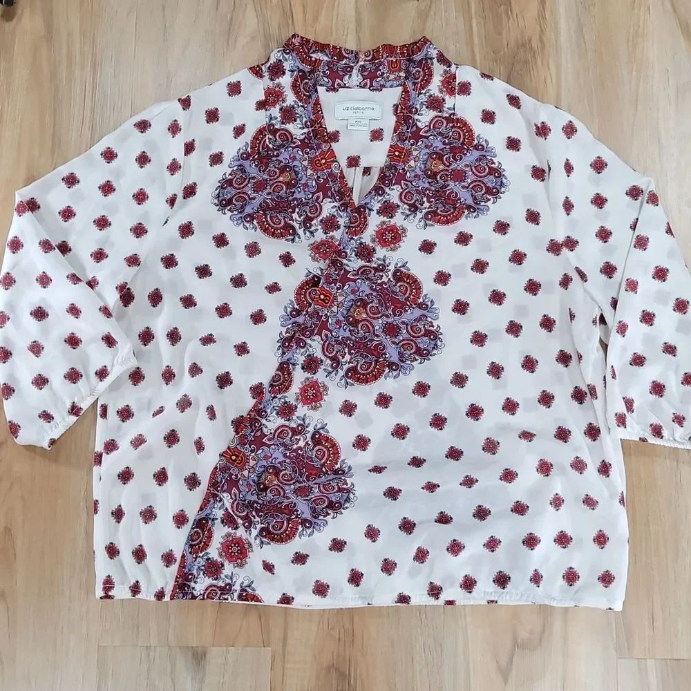 🔹️Liz Claiborne Petite Cream Print Crisscross Top Petite XLarge